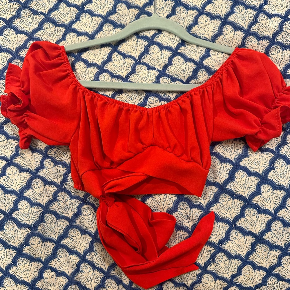 shein red tie puff shoulder crop top